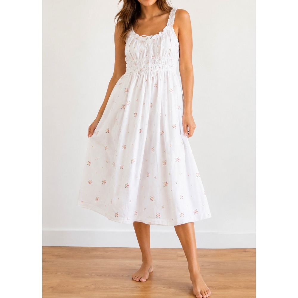 Old Navy Midi Dress L Ivory Floral Cotton Smocked Waist Cottagecore Feminine